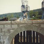 Train going across bridge